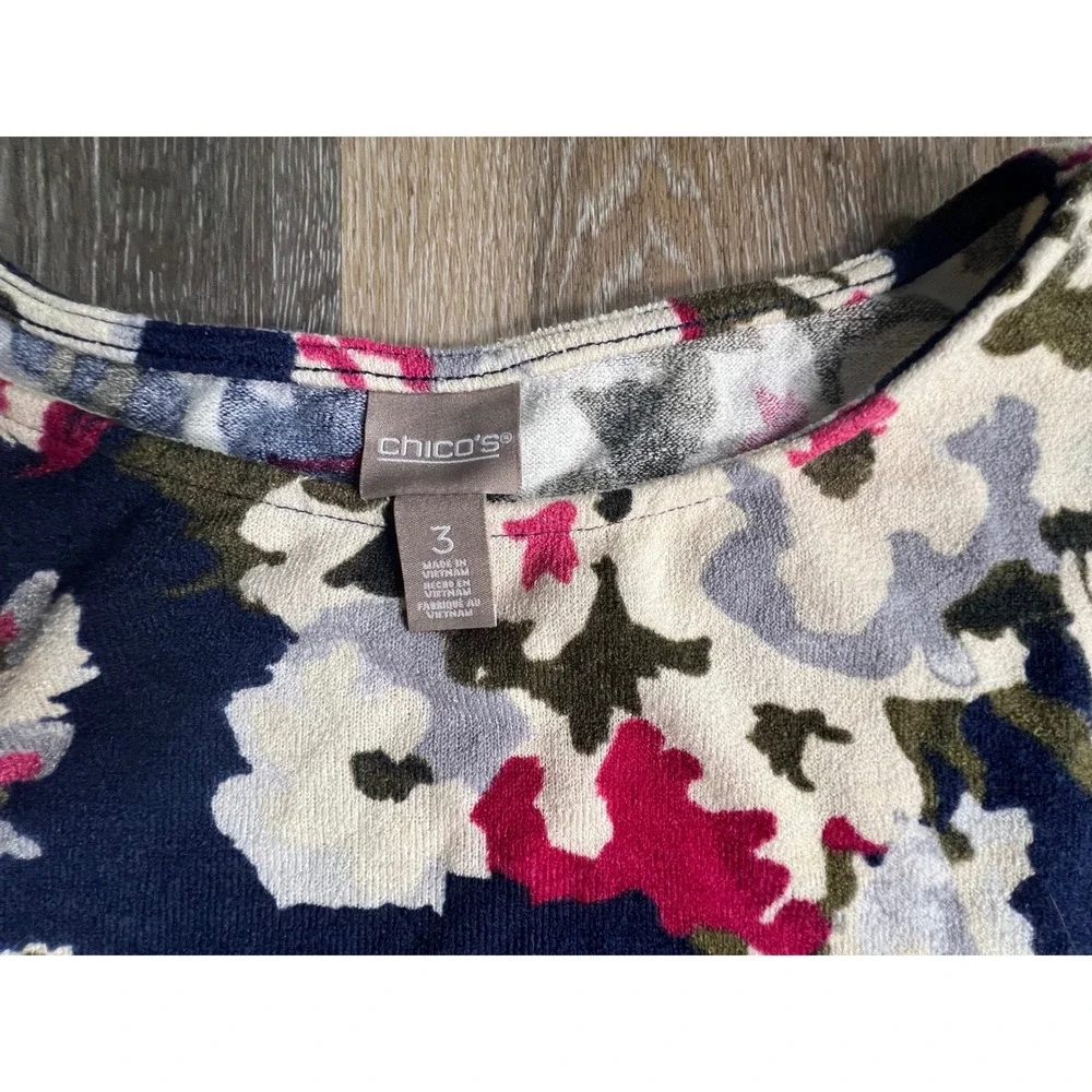 Chico's Floral Knit Top Women‎ 3 XL Multi-Color 3/4 Sleeve Boat Neck Botanical